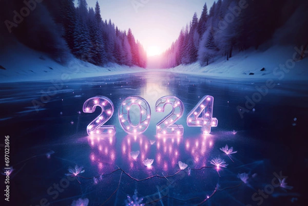 Obraz Romantic image of purple lights with 2024 year on a snowy landscape with forest and lake. Warm, hope and love for the new year.