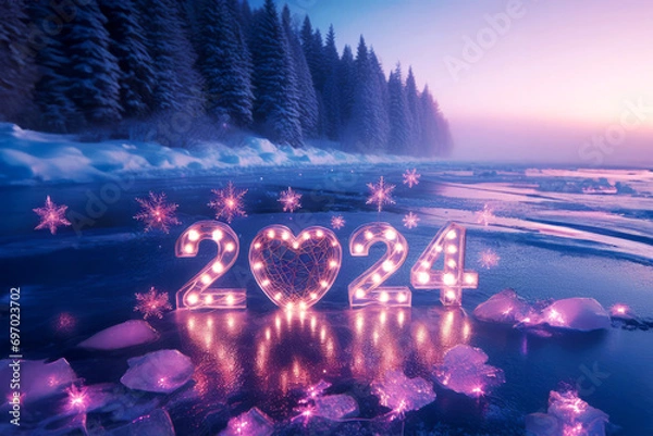 Obraz Romantic image of purple lights with 2024 year on a snowy landscape with forest and lake. Warm, hope and love for the new year.