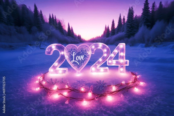 Obraz Romantic image of purple lights with 2024 year on a snowy landscape with forest and lake. Warm, hope and love for the new year.