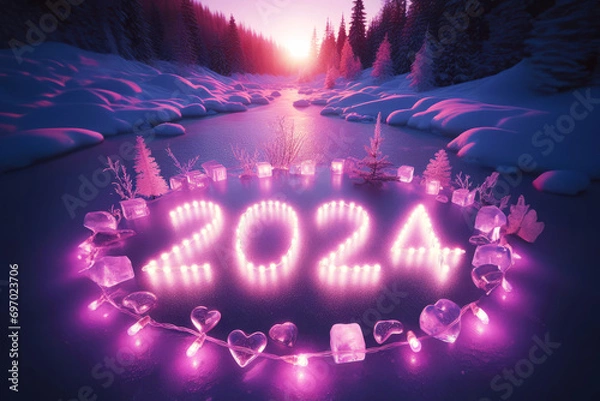 Obraz Romantic image of purple lights with 2024 year on a snowy landscape with forest and lake. Warm, hope and love for the new year.
