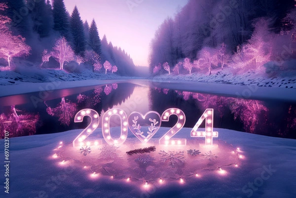 Obraz Romantic image of purple lights with 2024 year on a snowy landscape with forest and lake. Warm, hope and love for the new year.