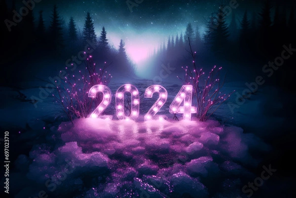 Obraz Romantic image of purple lights with 2024 year on a snowy landscape with forest and lake. Warm, hope and love for the new year.
