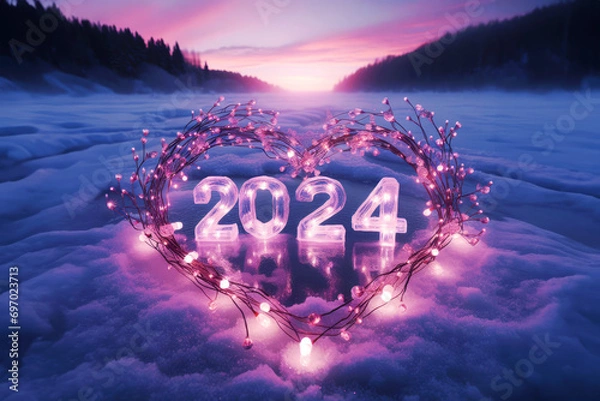 Obraz Romantic image of a heart-shaped lights with 2024 year on a snowy landscape at dusk. Warmt, hope and love for the new year.