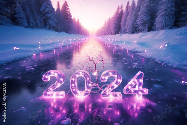 Obraz Romantic image of purple lights with 2024 year on a snowy landscape with forest and lake. Warm, hope and love for the new year.