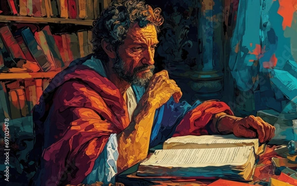 Fototapeta Marcus Aurelius in Ancient Library Gen AI