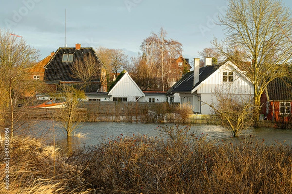 Fototapeta Flooding in Frederikssund when the water level is at its highest on Friday afternoon