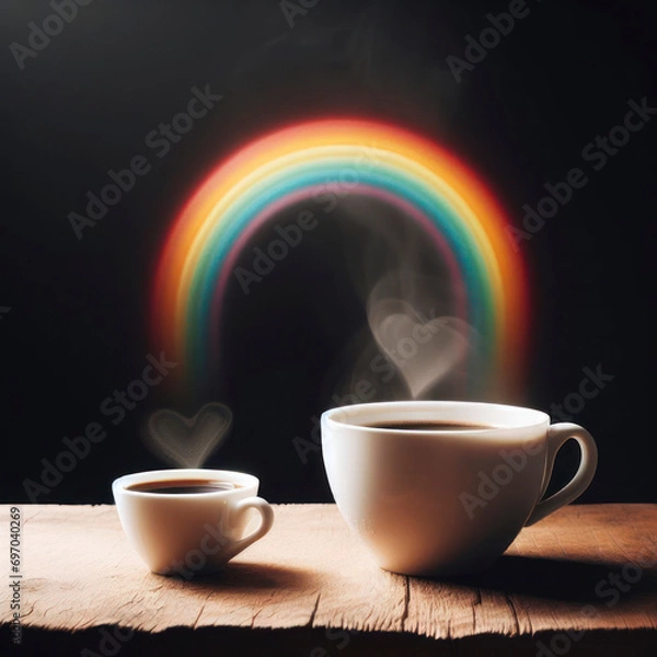 Fototapeta A white cup of coffee stands on a wooden table and a rainbow above it. ai generative