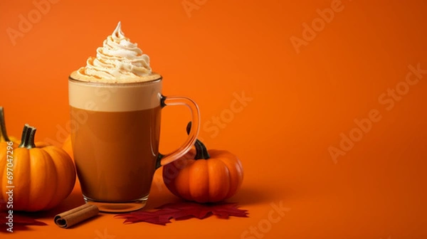 Fototapeta Seasonal pumpkin spice latte isolated on orange background, fall autumn decorative side view composition. Generative AI