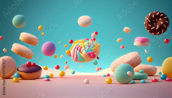 Fototapeta Abstract isolated floating macarons sweets on a blue or purple background, magic cloudy sky composition. Generative AI