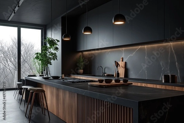 Fototapeta Modern kitchen design with black cabinetry, pendant lighting, and wooden bar stools for a stylish home