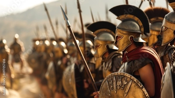Fototapeta Group of roman legionnaires in full armor formation, readying for battle in an open field