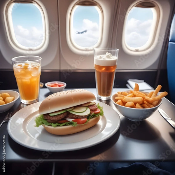 Fototapeta Airplane inside with a food and drinks on the table.