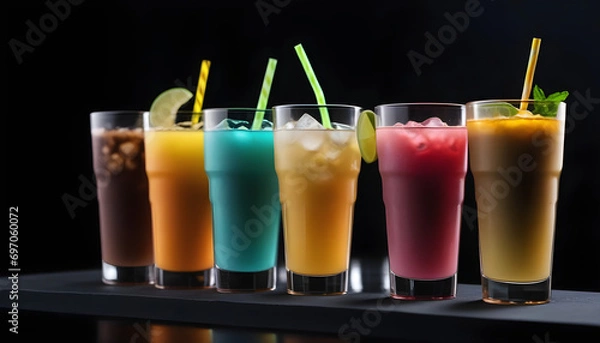 Obraz a row of different colored drinks sitting next to each other on top of a black table in front of a black background.