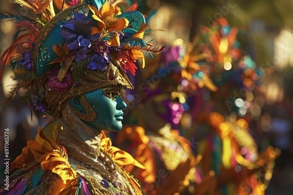Fototapeta Marching in Color: Participants in Elaborate Costumes Bring Festivity and Joy to the Parade Route, Creating a Spectacle of Celebration and Tradition in a Vibrant Street Event.

