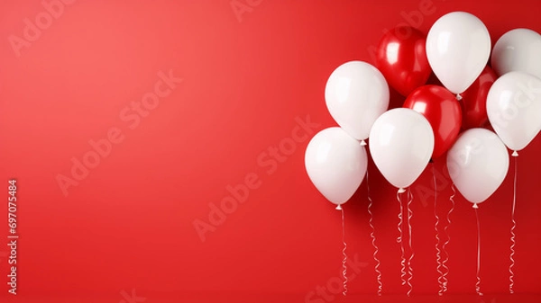 Fototapeta rote und weiße Ballons mit Platz für Text. Querformat 16:9. Generative Ai.