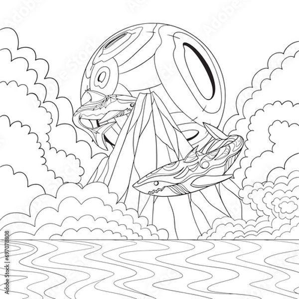 Obraz Sharks in the sky line art design.
