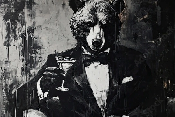Fototapeta Black and white close up portrait illustration of an gentleman bear in a tuxedo with Martini glass,  generated with AI