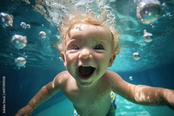 Fototapeta A happy child swims and dives underwater. He learns to swim from an early age. having fun in the pool underwater. Active healthy lifestyle, water sports and swimming lessons during the summer holidays