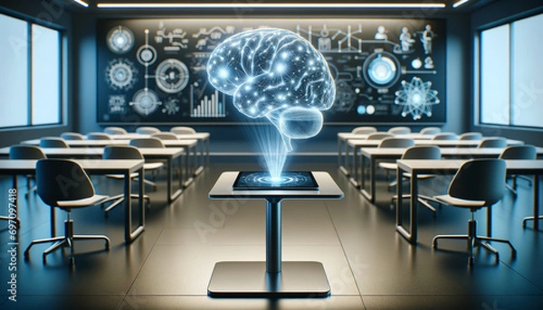 Obraz Futuristic classroom with holographic brain projection on tablet.