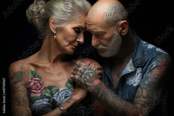 Fototapeta In this tender portrait, an elderly couple with their foreheads touching and hands clasped