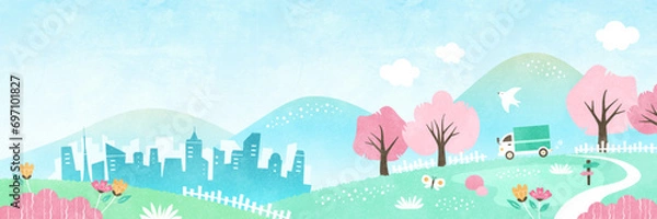 Obraz 春の引っ越し・新生活のバナー背景 街へ向かうトラックと桜の咲く風景
