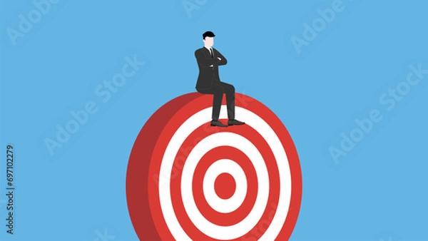Fototapeta Confident businessman thinking and sitting with arms crossed on a target goal. Business strategy, success,  leadership, and innovation concepts in minimal design and vibrant color. Vector illustration