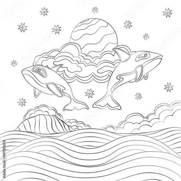 Obraz Orcas in the sky line art design.