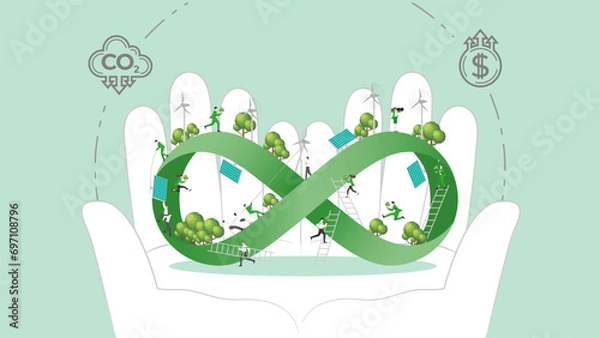 Fototapeta ESG sustainability policy in hand. Carbon credit calculate from reduce carbon footprint and carbon dioxide to carbon offset. Infinity in Hand.