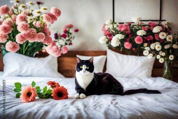 Obraz cat on bed with flowers