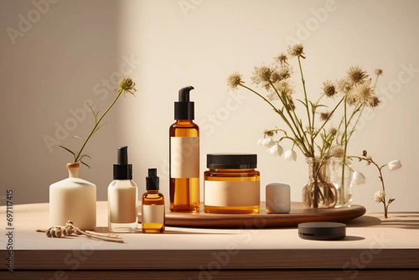 Fototapeta mock up packaging for cosmetic and amenities mood tone board