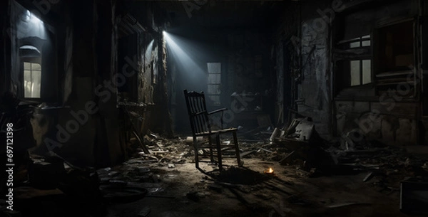 Obraz a chair dark room with limited lighting with a broken
