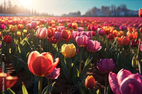 Obraz brightly colored tulips in a field of brown dirt and green leaves