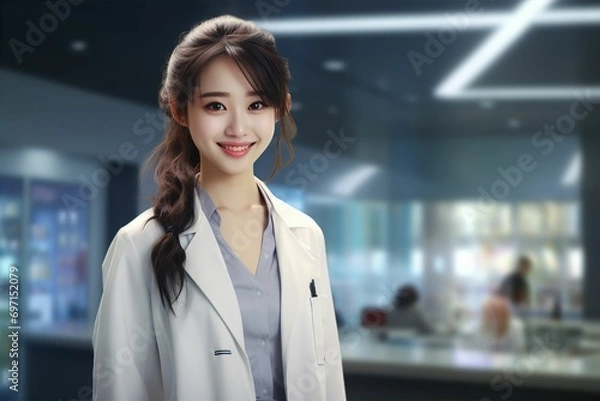 Fototapeta 白衣を着た日本人女性（背景あり・医者・医師・歯科医師・薬剤師）