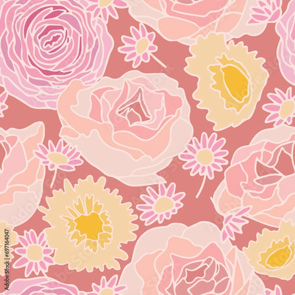 Obraz Pink roses and daisies on dust rose background, large scale seamless pattern. Soft lines and shapes.