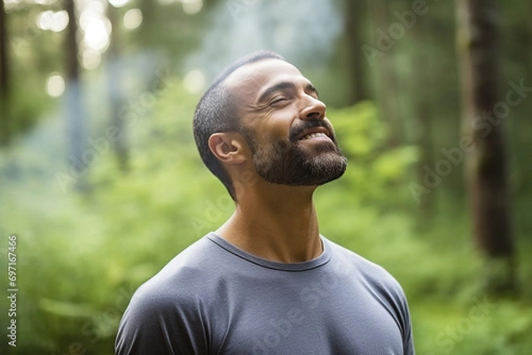 Obraz closeup portrait of sportsman in park with eyes closed breathing fresh