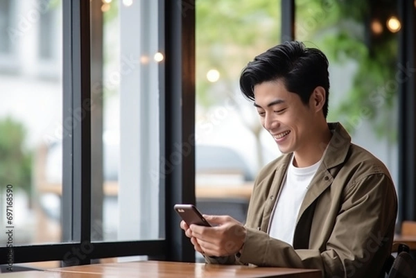 Obraz smiling asian man using smartphone at cafe table