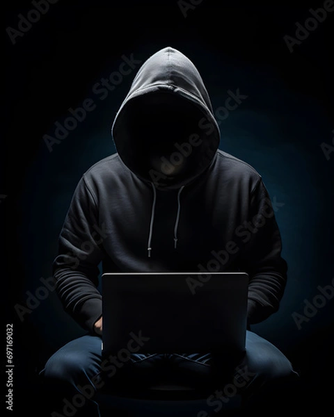 Fototapeta Anonymous hacker with computer laptop. Cybercrime, cyberattack, dark web concept.