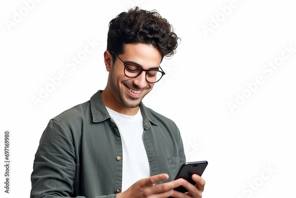Obraz man looking at phone standing isolated on white background