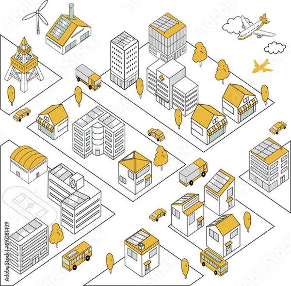 Fototapeta 車が走るシンプルな街並みの俯瞰イラスト（黄色）