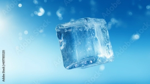Fototapeta Falling ice cube on a blue background. Frozen water closeup.