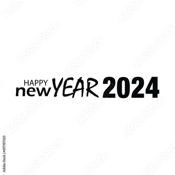 Fototapeta Happy New Year 2024 minimalist Logo. Abstract Hand drawn creative calligraphy vector logo design. 2024 New year black and white logo