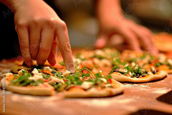 Fototapeta Chef's hands in the process of preparing pizza.