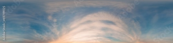 Obraz Dark Sunset sky panorama with glowing pink Cirrus clouds. HDR 360 seamless spherical panorama. Full zenith or sky dome in 3D, sky replacement for aerial drone panoramas. Climate and weather change.
