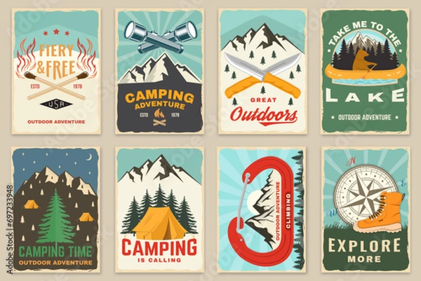 Fototapeta Set of camping retro posters. Outdoor adventure vector badge design. Vintage typography design with knives, camping flashlight, bear in canoe, matches stick, burning lighter, hiker, climbing ice-axe