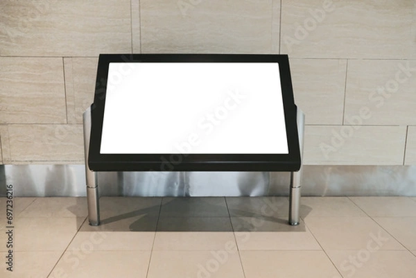 Fototapeta Information kiosk blank template mockup in front of clean tiled wall. Mock up for street map or shopping mall retail floor directory. Directional sign or locality map. Transparent PNG file