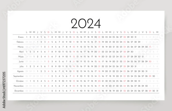 Fototapeta Spanish 2024 calendar. Linear planner for year. Yearly horizontal calender template. Table schedule grid. Week starts Monday. Desk timetable with 12 months. Landscape orientation. Vector illustration.