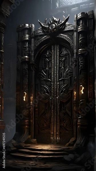 Fototapeta A towering, obsidian gate looms before you, its intricate carvings and glowing runes hinting at the powerful PC components that lie beyond.
