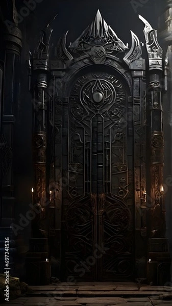 Fototapeta A towering, obsidian gate looms before you, its intricate carvings and glowing runes hinting at the powerful PC components that lie beyond.