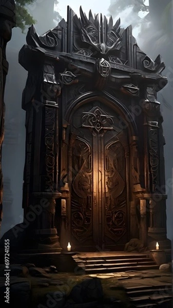 Fototapeta A towering, obsidian gate looms before you, its intricate carvings and glowing runes hinting at the powerful PC components that lie beyond.