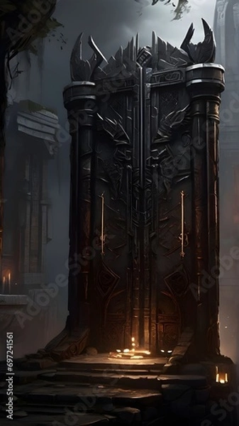 Fototapeta A towering, obsidian gate looms before you, its intricate carvings and glowing runes hinting at the powerful PC components that lie beyond.